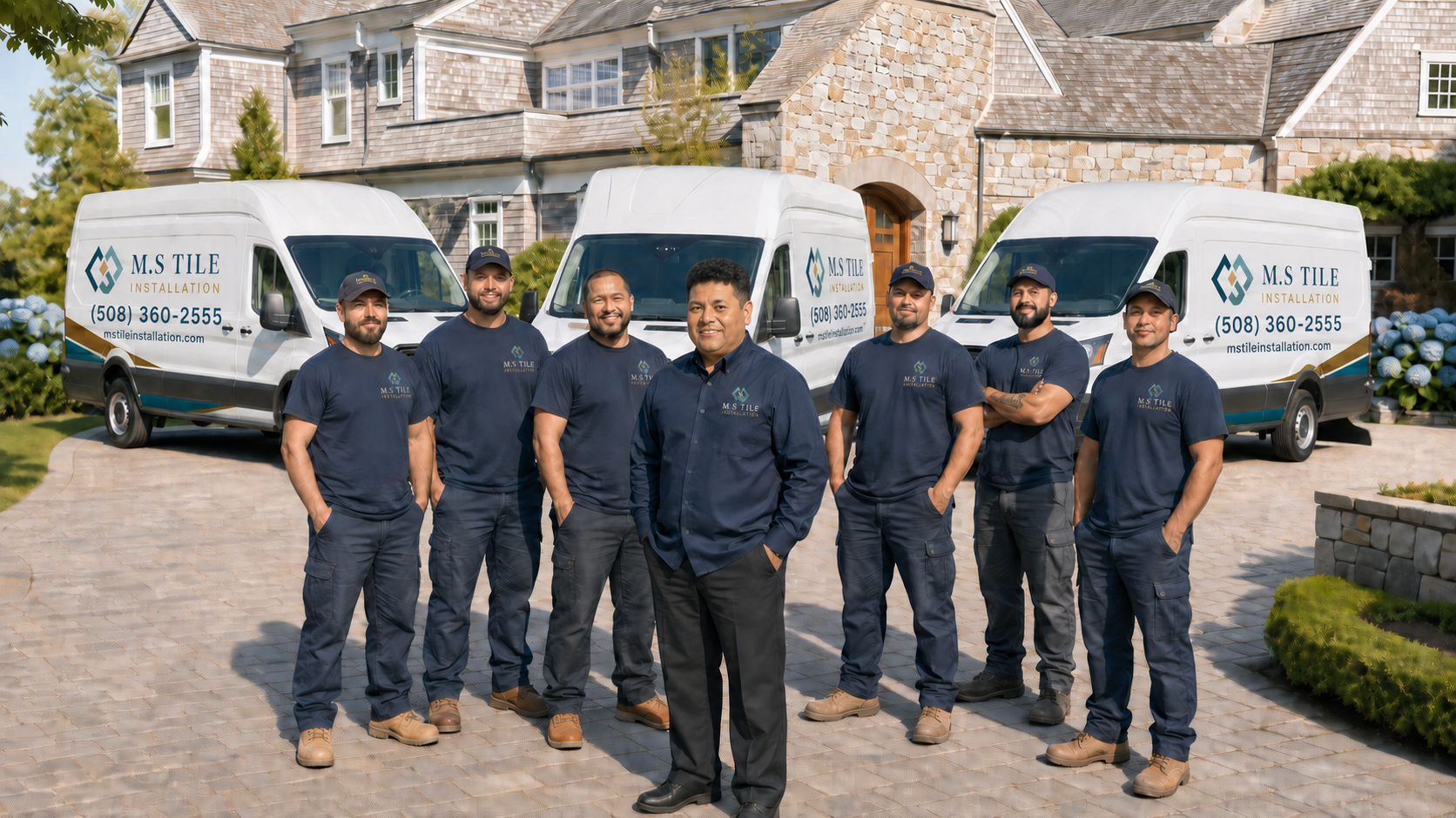 M.S Tile Installation owner Marcos Santos with six uniformed crew members and three white work vans outside a Cape Cod property